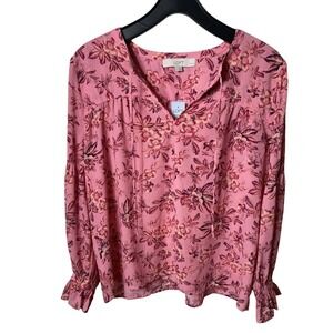 Loft Large Petite Pink Floral Long Puff Sleeve Peasant Blouse Tropical Ruffle